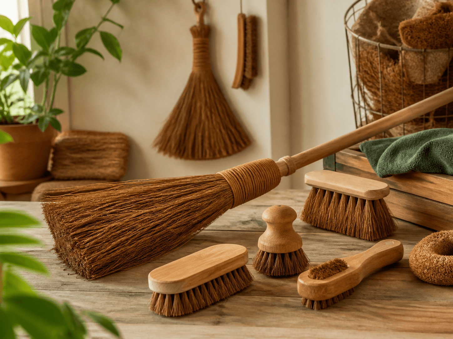 Coir fibre brushes and brooms
