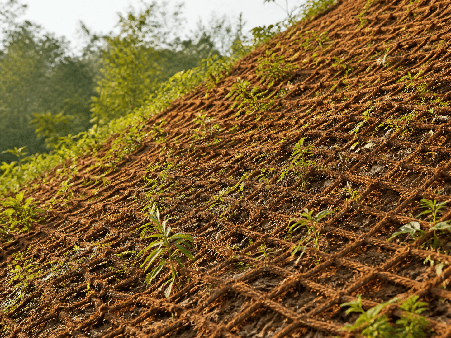 Coir erosion-control netting on a planted slope