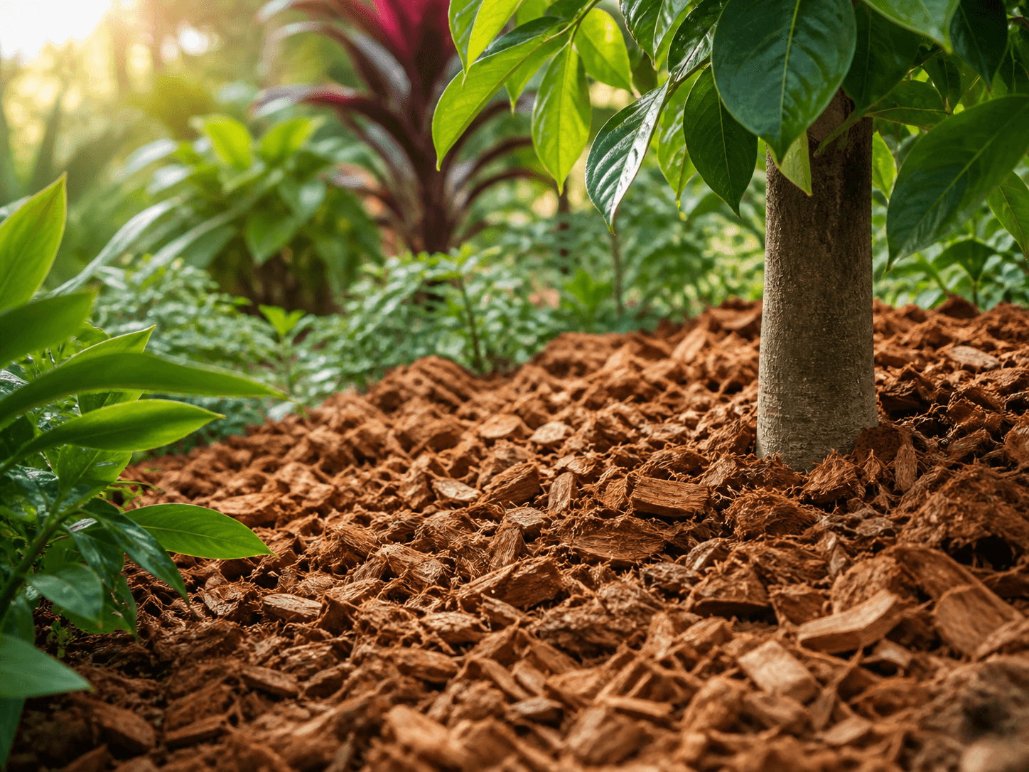 Coconut husk chips used as natural mulch