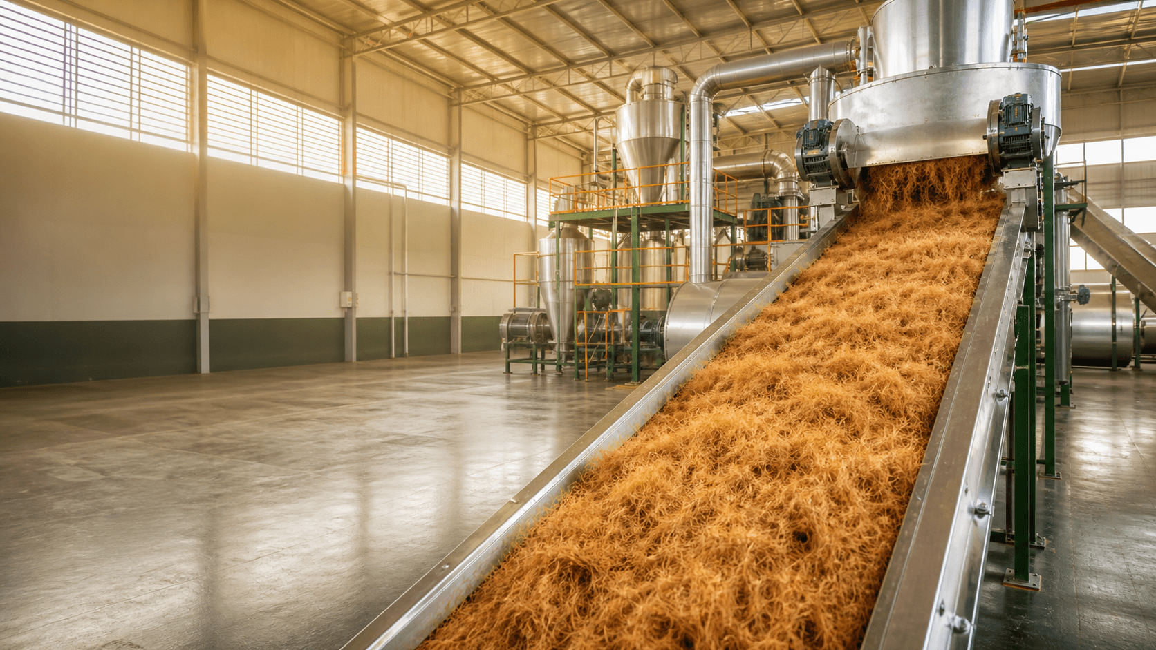 Coconut coir fibre moving through a bright processing facility